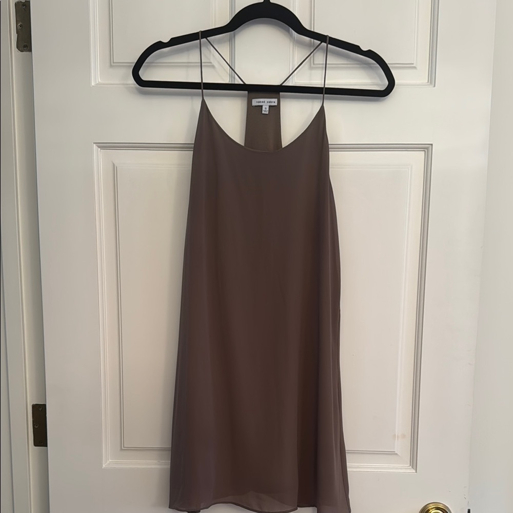 Naked Zebra Flowey Taupe Brown Spaghetti Strap T-back Slip Dress - Sz SM